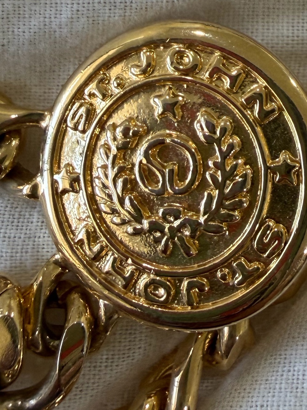 Vintage St. John Knits Gold Triple Strand Crest Coin Chain Belt
